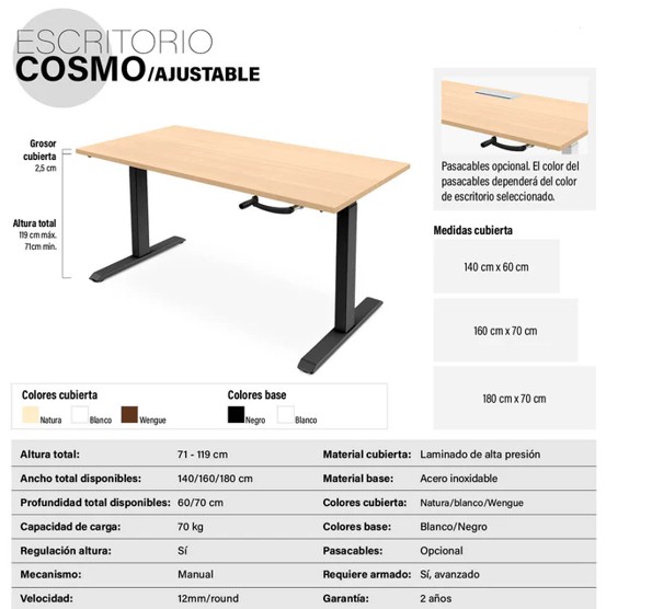 Escritorio Cosmo 160x70 Ajustable con Pasacables - Imagen 3