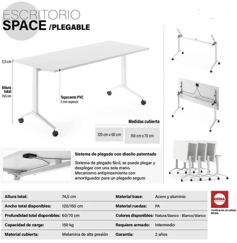 Escritorio Space Plegable 150x70 Blanco/Blanco - Imagen 5