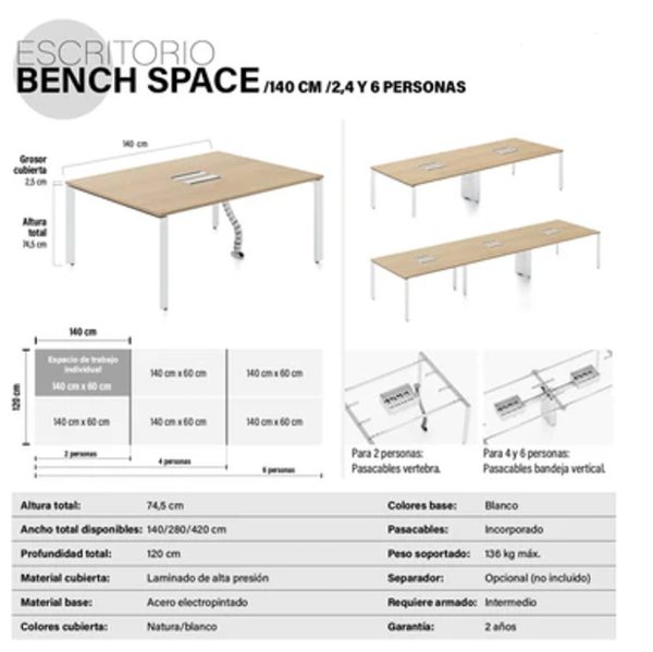 Mesa de Reunión Novel con pasacables 280x120 Blanco-Blanco - Imagen 4