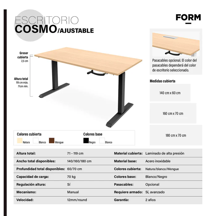 Escritorio Cosmo 180x70 Ajustable con Pasacables - Imagen 5